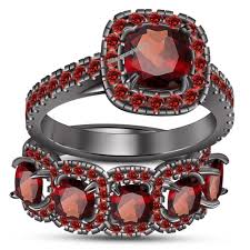 Black And Red Wedding Ring Sets Ladies Red Garnet Engagement Ring Wedding Band Bridal Set 14k Black Gold Finish Silve Garnet Engagement Ring Bridesmaid Jewelry Sets Wedding Ring Sets Cushion