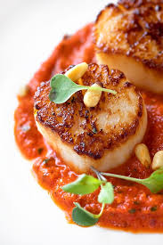 Pan Seared Scallops With Roasted Red Pepper Sauce The Cozy Apron Recipe Pan Seared Scallops Scallops Seared Food