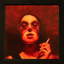 MICHAEL CARSON, "SEEING RED," OIL ON PANEL, 12 X 12 INCHES…