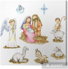 That of mary and that of joseph. A Watercolor Children S Illustration Of A Nativity Scene With Different Elements Including Sheep A Shepherd Camel Donkey Star Of Bethlehem Dove Angel Mary Joseph And Baby Jesus Canvas Print Pixers