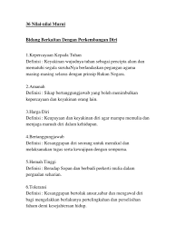 1.10 keadilantindakan dan keputusan yang saksama serta tidak berat sebelah. 36 Nilai Nilai Murni Bidang Berkaitan Dengan Perkembangan Diri 1