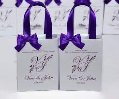 Purple Wedding Gift Bags For Small Souvenirs Personalized Silver Bag With Satin Ribbon Handles Bow Purple Wedding Gifts Silver Wedding Gifts Wedding Gift Bags
