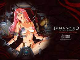 imma youjo, tagme, 1990s (style), breasts, collarbone, navel, open mouth,  pink hair, teeth 