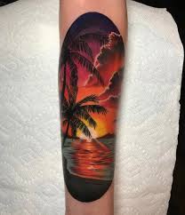 Round emblem, card, tattoo or design element. Sunset Beach Scene Sunset Tattoos Beach Tattoo Tattoos