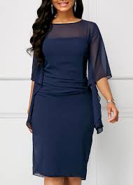 Round Neck Half Sleeve Overlay Navy Blue Dress Rosewe Com Usd 34 60 Blue Chiffon Dresses Women S Fashion Dresses Shop Casual Dresses