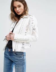 Buy It Now Blank Nyc Leather Look Biker Jacket With Floral Embroidery And Stud Detail White Biker Ja Floral Leather Jacket Blank Nyc Leather Jacket Jackets