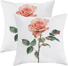 Rose Pillow Covers Set of 2, Soft Peach Floral Plant Throw Pillows Case,  Spring Decorative Square Farmhouse Decor Cushion Covers for Home Sofa Bed  ...