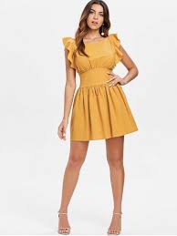 فستان مع كشكش في الظهر نحلة صفراء M Dresses Mini Dress Spandex Dress