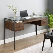Inbox zero computer desk with hutch and bookshelf, 47 inches home office desk with space saving design for small spaces color: Lamvia Contemporary 2 Tier Glass Top Desk Dark Walnut Saracina Home Target