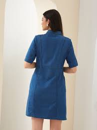 Latin Quarters Women Blue Denim Collared Half Sleeves Solid Casual Min