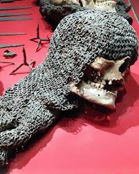 This is a medieval skull fused with (chain)mail. This soldier died at the  Battle of Visby in 1361 on the island of Gotland, Sweden. The ᴅᴇᴀᴅ were  buried in several mᴀss graves