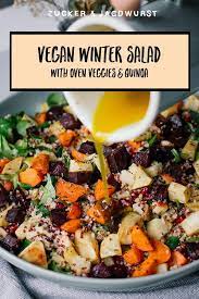 Winter Salad With Couscous Quinoa Roasted Veggies And Turmeric Dressing Recipe Breakfast Recipes Indian Salad Recipes For Dinner Vegan Breakfast Recipes Healthy