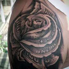 Rose flowers and money tattoo design. Shoulder Money Rose Tattoos For Guys Money Rose Tattoo Money Tattoo Money Rose