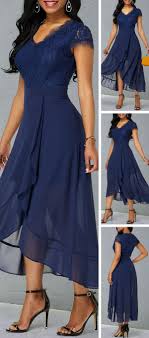 V Neck Lace Patchwork Tulip Hem Chiffon Dress 2019 Chiffon Diy Blue Chiffon Dresses Chiffon Dress Evening Dresses Elegant