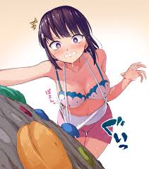 ishizaka ryuudai, kasahara konomi, iwakakeru! sport climbing girls, 1girl,  arm up, armpits, arms up, blue bra, blush, bra, breasts, cleavage,  climbing, climbing wall, clothes pull, embarrassed, from above, japanese  text, medium breasts,
