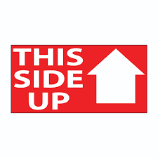 Design features a red background with white text. 2 X 4 This Side Up Labels Red With White Print 500 Roll Bgr