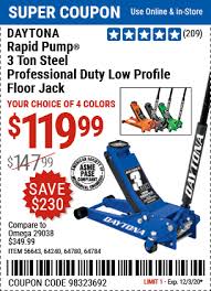 Save $207 by shopping at harbor freight.this heavy duty 4 ton car jack has a… Daytona 3 Ton Low Profile Professional Rapid Pump Floor Jack For 119 99 Harbor Freight Coupons