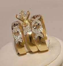 Ebay Ad His Her Yellow Gold Over Diamond Engagement Ring Wedding Band Bridal Trio Wedding Ring Trio Sets Wedding Ring Sets Unique Diamond Engagement Rings