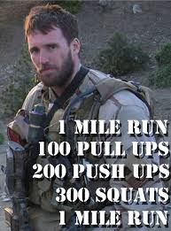 1 mile run, 100 pullups, 200 pushups, 300 air squats, and another 1 mile run. The Murph Challenge Saturday 24 May 2014 At 9am Crossfit Apogee