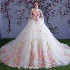 Chic Beautiful Multi Colors Wedding Dresses 2018 Ball Gown Appliques Crystal Off The Shoulder Backless Sleeveless Royal Train Wedding Colored Wedding Dresses Ball Gown Wedding Dress Multicolor Wedding