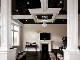 Ceiling beams in rustic style interior design are a major element. White Ceiling Beams Black Glossy Stretch Ceiling Combo What Do You Think About Th Colored Ceiling Coffered Ceiling Design Accent Walls In Living Room