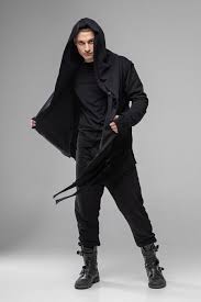 Black And White Kimono For Men Hooded Asymmetrical Men Coat Cyberpunk Gothic Black Long Etsy Long Black Jacket Black Kimono Cardigan Steampunk Jacket