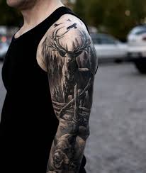 Looking for tattoo ideas for men? Oscarakermo On Instagram Hunting Theme Lundbergcustom Tattoocyn Bangbangnyc Best Sleeve Tattoos Deer Tattoo Designs Hunting Tattoos
