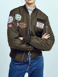 Army Green Cotton Badge Stickers Long Sleeve Bomber Jacket Bomber Jacket Jackets Army Bomber Jacket