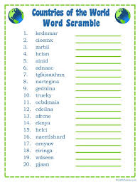 These word scramble worksheets feature words to unscramble and a picture to color. Printable Countries Of The World Word Scramble Game Unscramble Words Scramble Words Word Puzzles For Kids