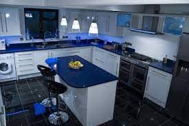 Available In A Variety Of Colours Quartz Is Viewed As A Stylish Modern Option Blue Kitchen Countertops Kitchen Cabinets Color Combination Blue White Kitchens