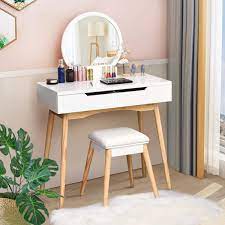 ♠♠best buy for this♠♠ ^^ modern vanity table set, tri folding, 4 drawers and cushioned stooldecor love discount prices for sale 11 jul 2021 deals. Charmaid Vanity Table Set With Large Round Mirror And 2 Sliding Drawers Makeup Table With Cushioned Stool And Solid Wood Legs Modern Bedroom Dressing Table Set For Women Girls Kids White Buy