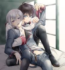 sm chika, l-elf, tokishima haruto, kakumeiki valvrave, silver hair, 10s,  2boys, bed, bite mark, blue eyes, blush, boots, brown hair, loose necktie,  lying on person, male focus, military, military uniform, multiple boys,