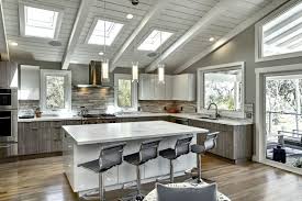 If you already have a few rock elements into the kitchen walls, you can add another type of stone as your kitchen countertops. Modern Rustic Kitchen With White Gloss And Gray Cabinets Crystal Cabinets