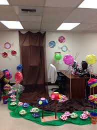 Charlie And The Chocolate Factory Waterfall And Chocolate River To Celebrate A Coworker S Birthday Chocolate Factory Party Factory Decor Chocolate Factory