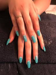 Acrylic Matte Turquoise Nails With Jewels Done By Lyndee Studio 914 Turquoise Nails Turquoise Nail Designs Nail Jewels