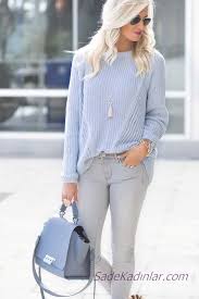 Bayanlar Icin 2021 Mavi Kazak Kombinleri Gri Dar Kesim Kot Pantolon Mavi Bisiklet Yaka Kazak Mavi Kazak Yaratici Giysiler Suveter