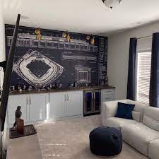 Man Cave Decor Ideas Man Cave Design Inspo Sports Wall Murals Stadium Blueprint Wallpaper In 2021 Man Cave Wall Decor Sports Wall Decor Man Cave Wallpaper