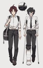 dazai osamu (bungou stray dogs), oda sakunosuke (bungou stray dogs), bungou  stray dogs, highres, 2boys, ?, ahoge, bandage over one eye, bandaged arm,  bandages, belt, black footwear, black hair, black neckerchief, black