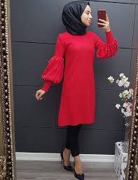 Balon Kol Inci Detayli Triko Tunik Kirmizi Triko Moda Stilleri Tunik