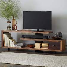 Above is a modern open shelf stand with rich curved wood, metal support beams, and smoked glass shelving. Open Shelf Tv Stand Ideas On Foter