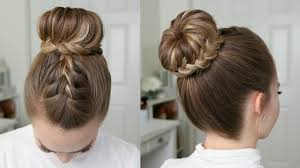 Using the end piece of take your hairpin to secure the bun, by weaving it through multiple layers of hair until it touches the. French Lace Fishtail High Bun Missy Sue Youtube