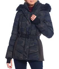 Shell 100% wool, lining 100% polyester. Michael Michael Kors Camo Print Belted Puffer Coat With Faux Fur Lined Hood Dillard S