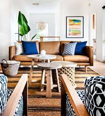 When paired with a calm classic like charcoal grey, this palette creates a handsome look. Natural Textures And Indigo Blue In Cottlesloe Living Room Colors Leather Sofa Living Room Living Room Inspiration
