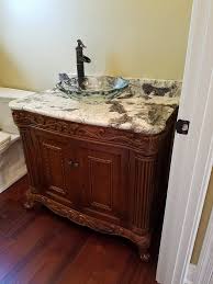 Furniture Vanity Jeffrey Alexander Golden Pecan Cabinet Glass Vessel Sink Designed By Angela Raines Bathroom Pictures Kitchen And Bath Showroom Kitchen Sale