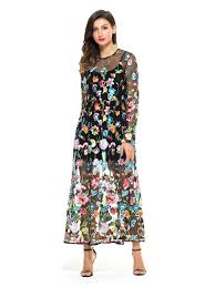 Black Embroidery Floral Long Sleeve Sheer Mesh Maxi Dress Choies Com Dresses Maxi Dress Maxi Dress Online