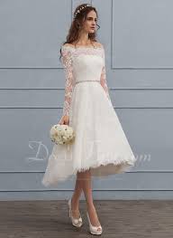 A Line Off The Shoulder Asymmetrical Lace Wedding Dress With Beading 002117112 Dressfirst Wedding Dresses Lace Civil Wedding Dresses Short Wedding Dress