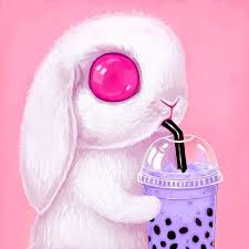 Bunny Art Print 10x10 Big Eyes White Rabbit Pop Surrealism Cute Bubble Tea Pink Lowbrow Art Animal Bunny Art Kawaii Art Cute Art