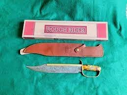 Rough Rider D Guard Bowie With Genuine Stag Handles And Damascus Steel 14 50 Clip Point Plain Edge Leather Knife Sheath Pattern Damascus Steel Leather Sheath
