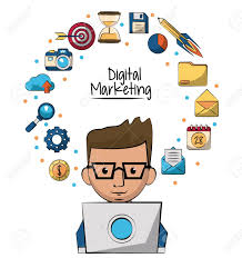 So to get noticed and get connected to your customers, poster advertising never fails. Poster Of Digital Marketing With Man Working In Laptop Computer In Closeup And Marketing Icons Around Of Him Vector Illustration Royalty Free Cliparts Vectors And Stock Illustration Image 80916107