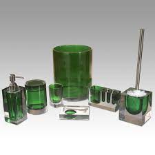 A bright bathroom with emerald tiles in a herringbone pattern, pink walls, gold touches. Tolita Usa Perspex Complete Set Blue Bathroom Accesories Green Bathroom Accessories Lime Green Bathroom Accessories Green Bathroom